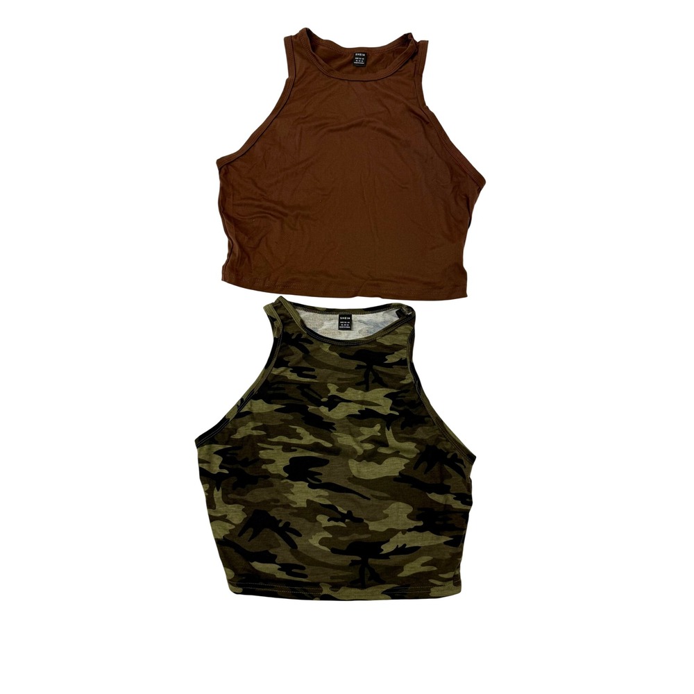 SHEIN Womens XL 2-Pack High Neck Crop Tank Tops Brown Camo Racerback Sleeveless